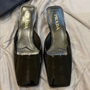 Prada Black Patent Leather Square-Toe Mules